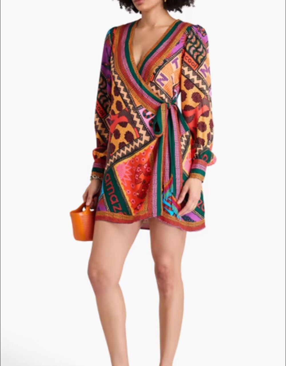 Farm Rio Dotted Patch Scarf Mini Wrap Dress S Orange Multi Boho Tassel New - Picture 5 of 13